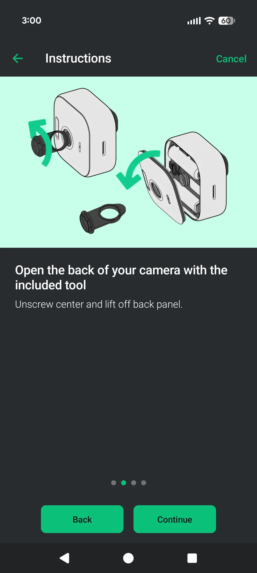 Blink app showing illustrated setup instructions for opening the Outdoor 2K+ camera