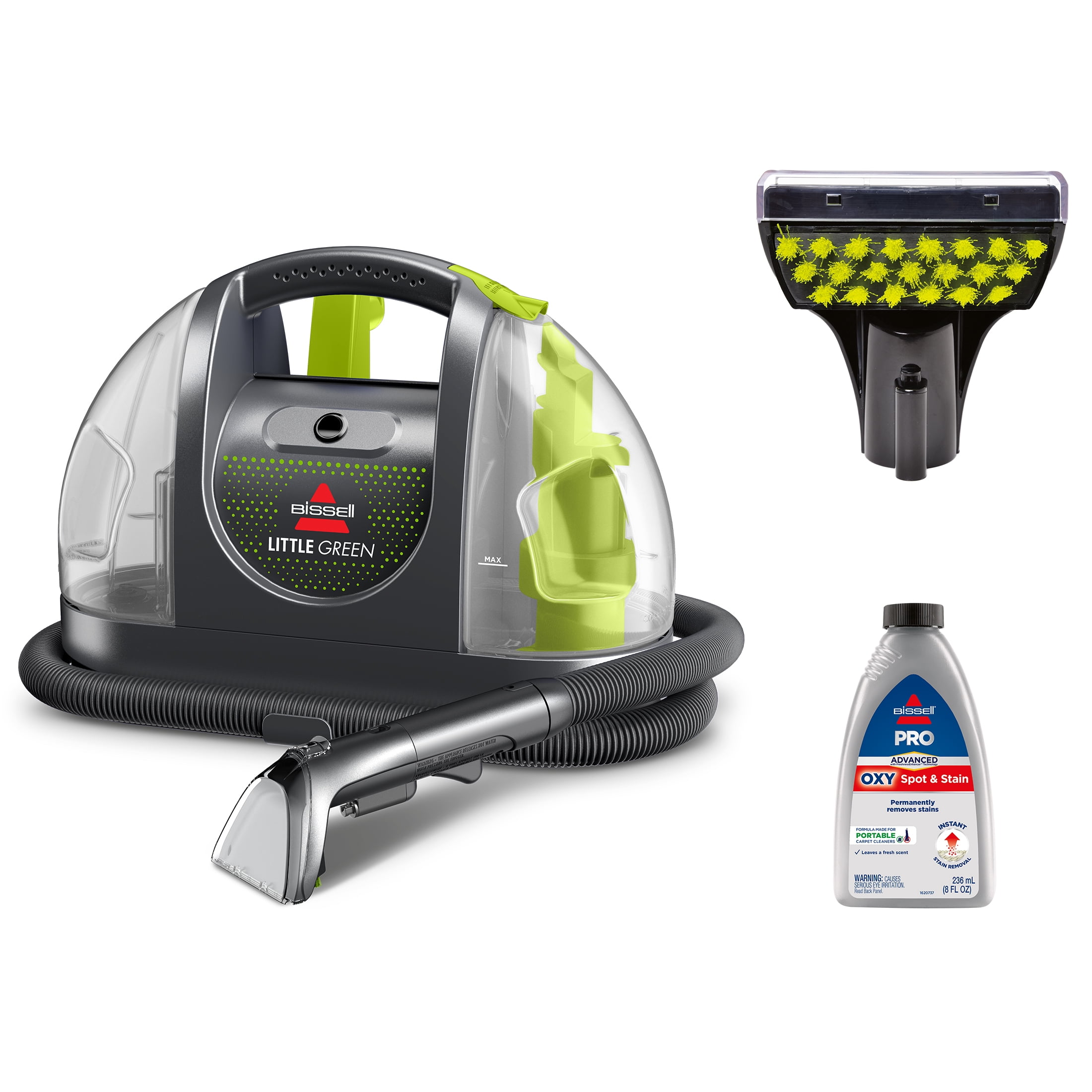 Green BISSELL Little Green 3369 cleaner with its hose, brush tool, and trial cleaning formula