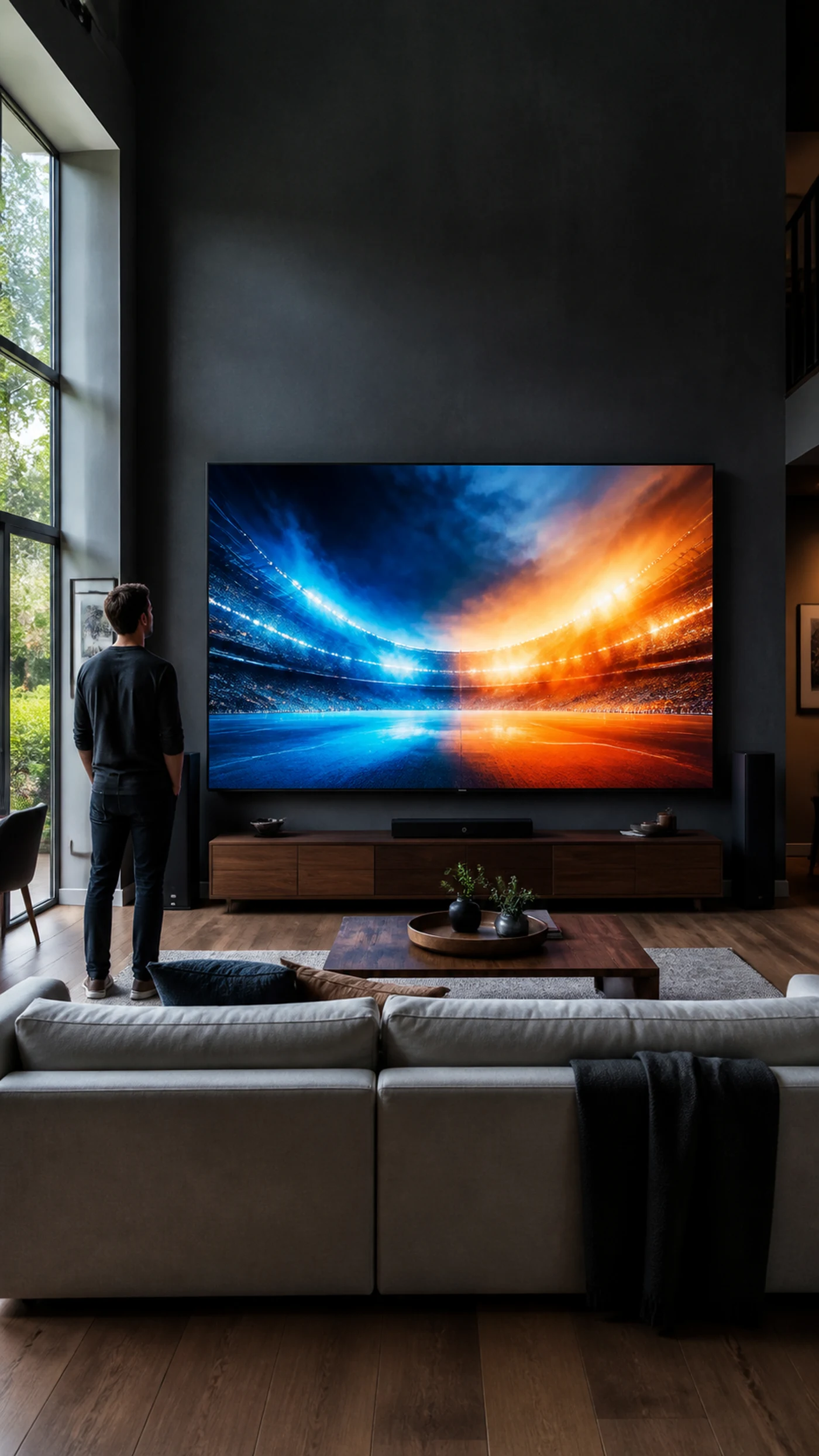 Large 85-inch television mounted in a contemporary living room
