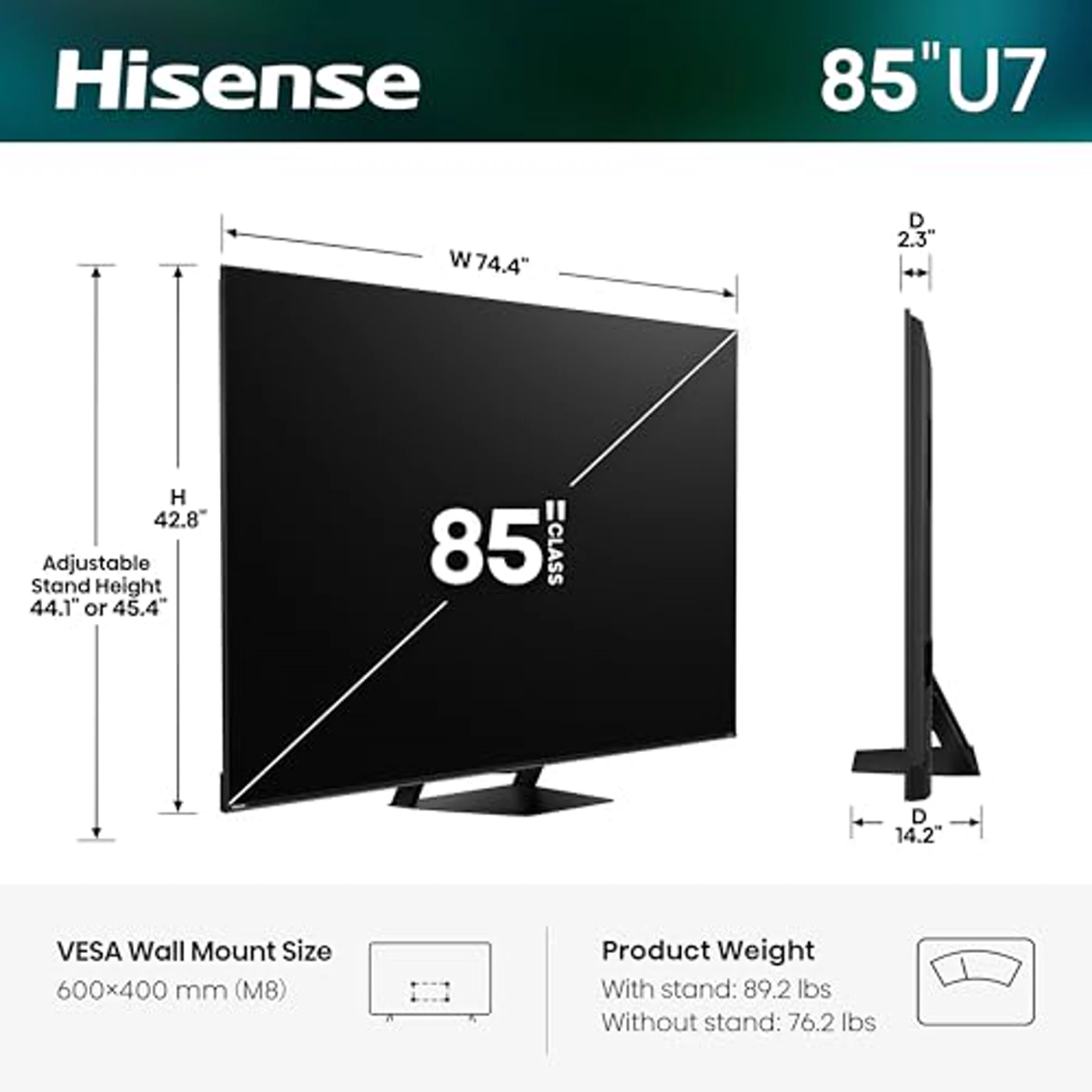 Hisense 85U7SG dimensions and weight specification graphic
