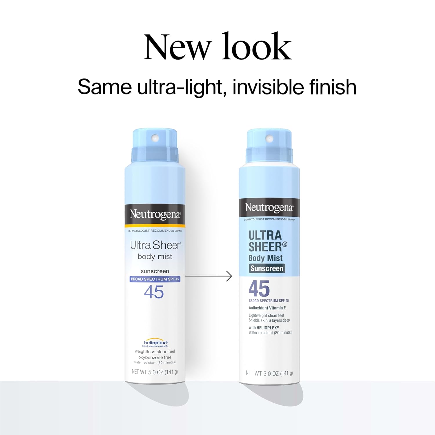 Neutrogena Ultra Sheer SPF 45 Body Mist showing the updated packaging and ultra-light finish
