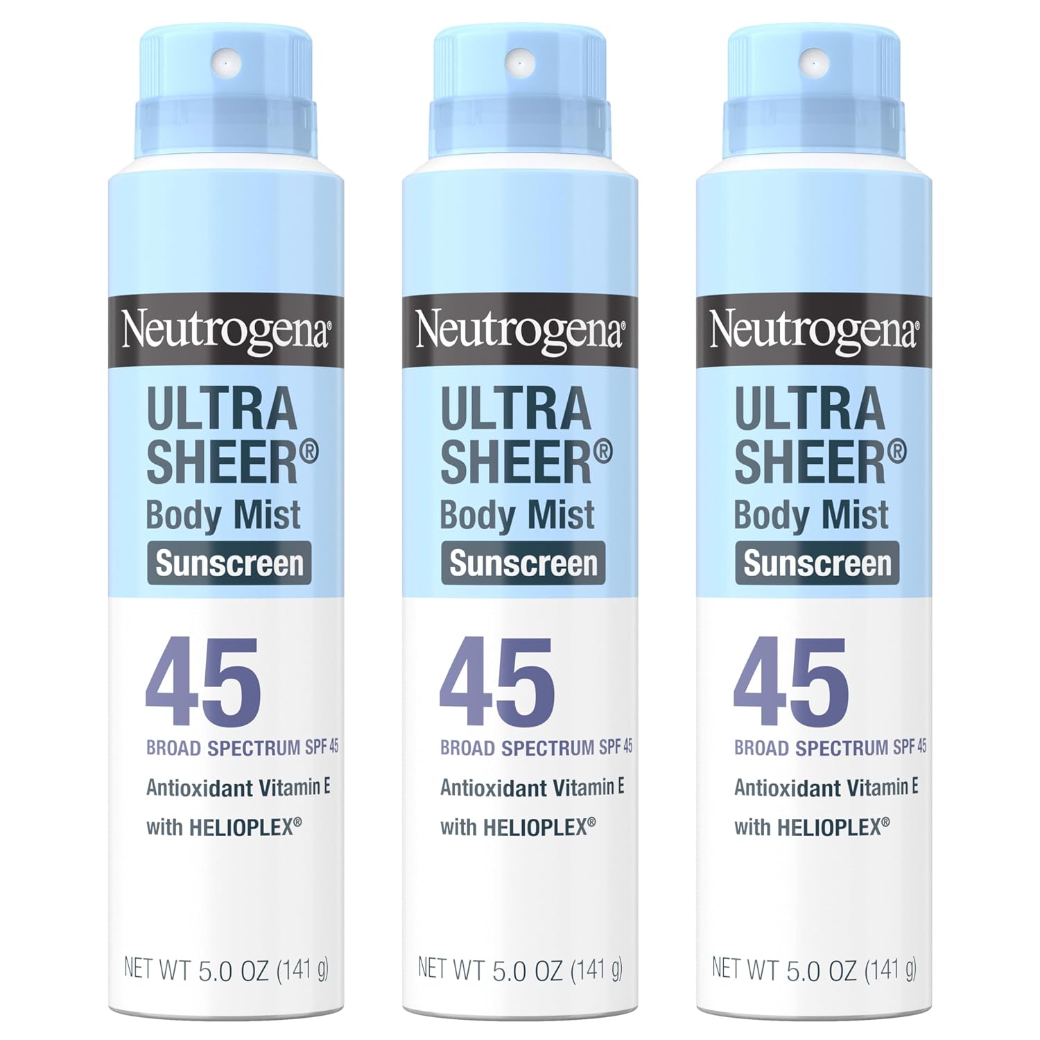 Three-pack of Neutrogena Ultra Sheer SPF 45 Body Mist sunscreen spray