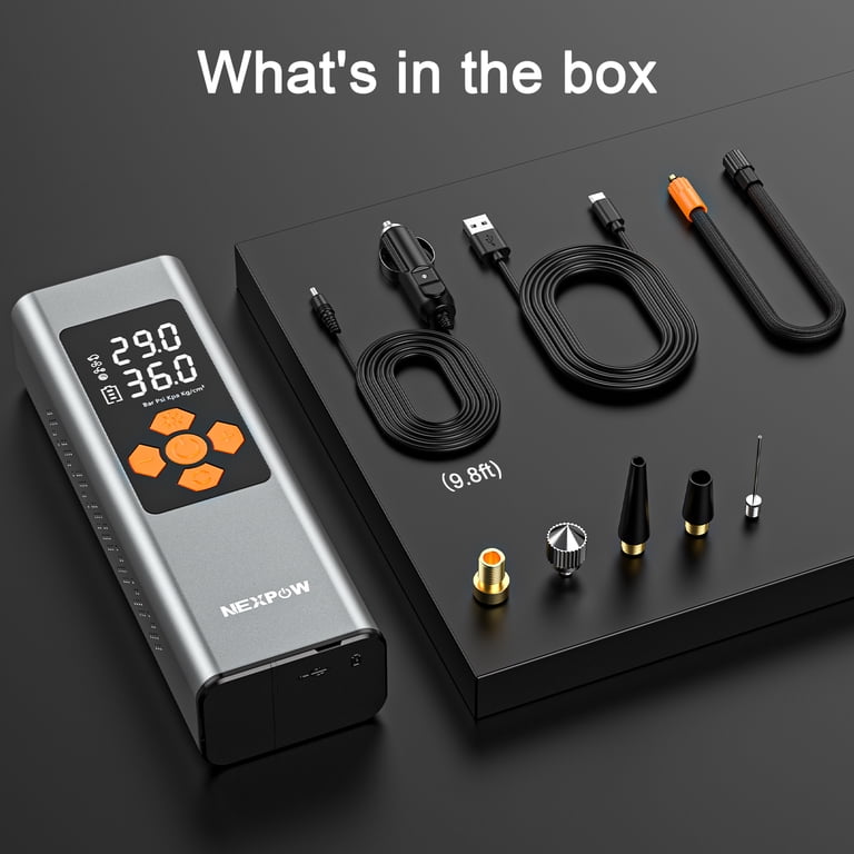 NEXPOW tire inflator with the included air hose, power cables, nozzle adapters, and storage bag