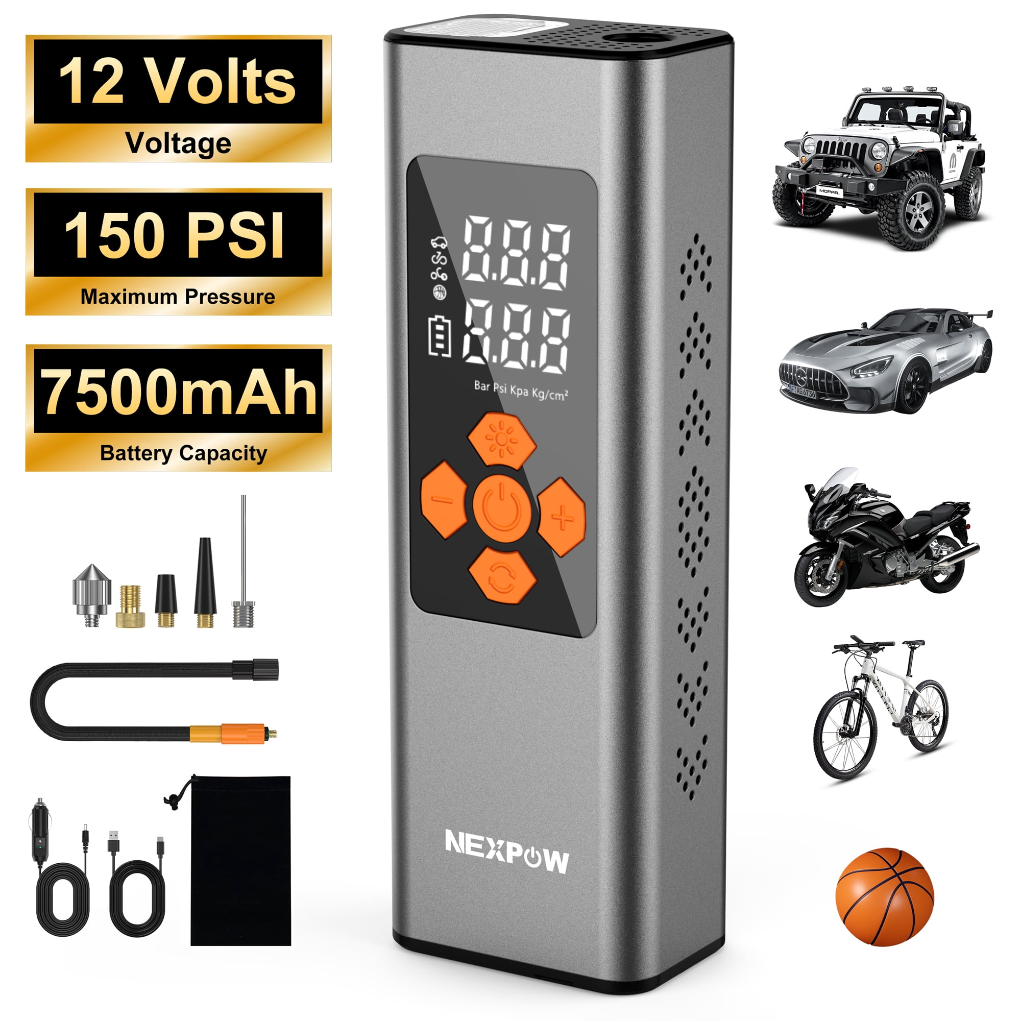 Gray NEXPOW 150 PSI tire inflator with its hose, power cables, adapters, and supported uses