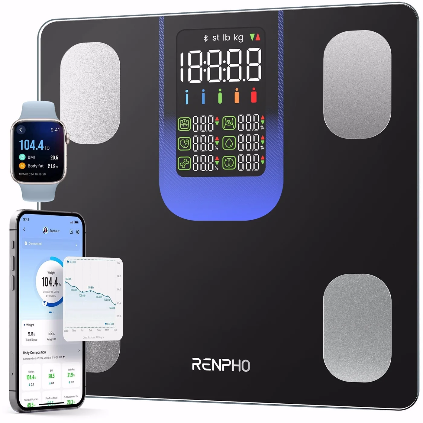 RENPHO MSB01 smart scale with its color display, phone app, and smartwatch companion