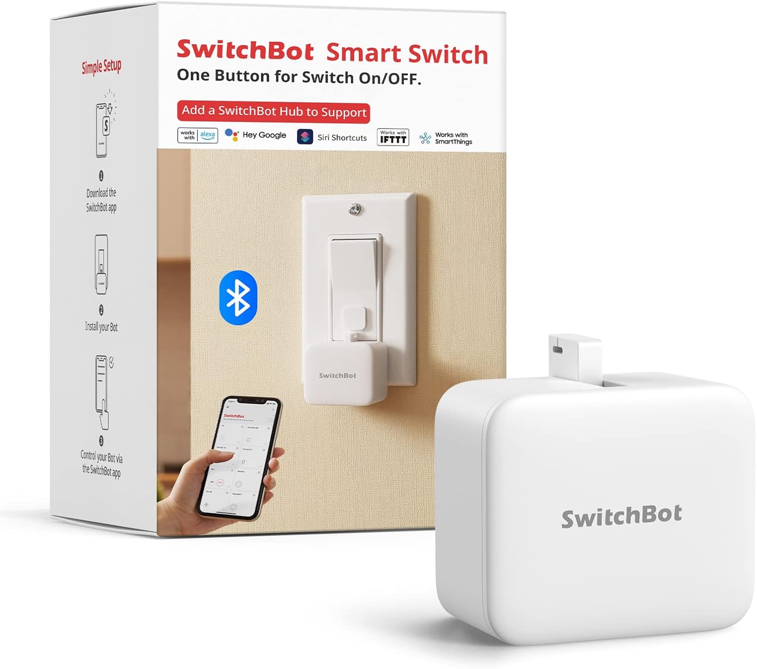 White SwitchBot Bot with its packaging, app control, and installation on a wall switch