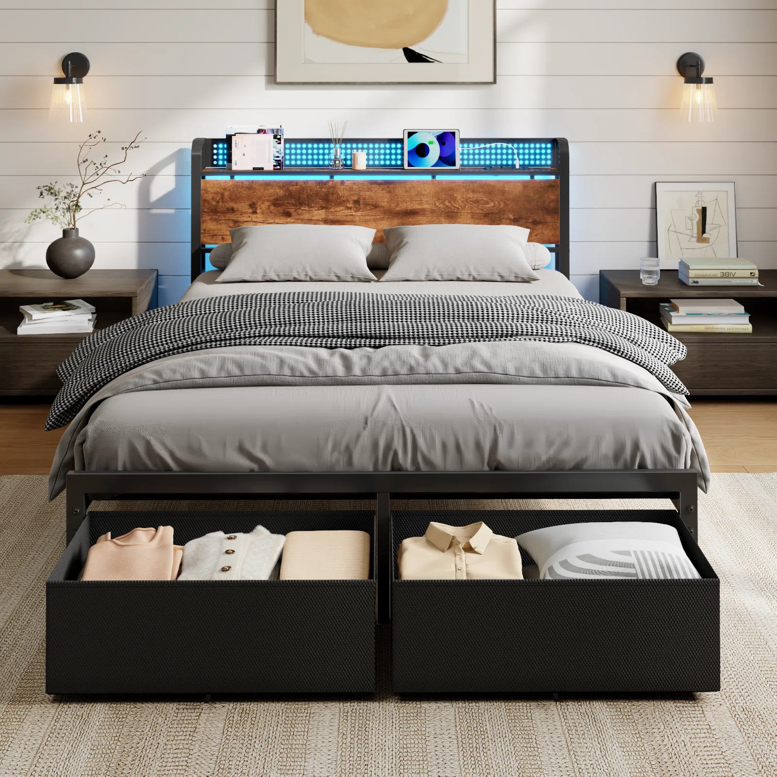 Queen Bed Frame with 2 Fabric Drawers and Open Storage Headboard, Adjustable, 85% off at Wayfair