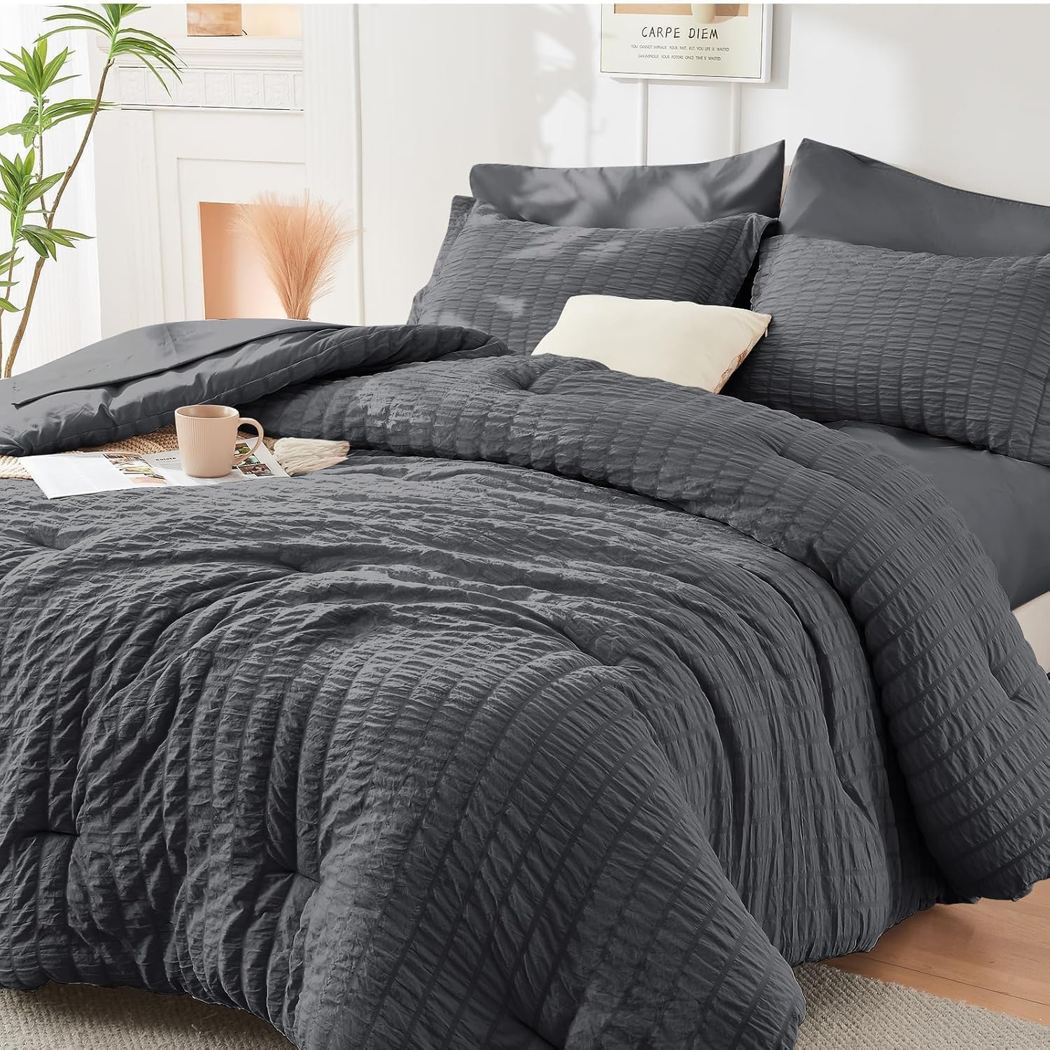 HYMOKEGE Full Size Comforter Sets Seersucker 7 Pieces, All Season Luxury Bed, 20% off at Amazon