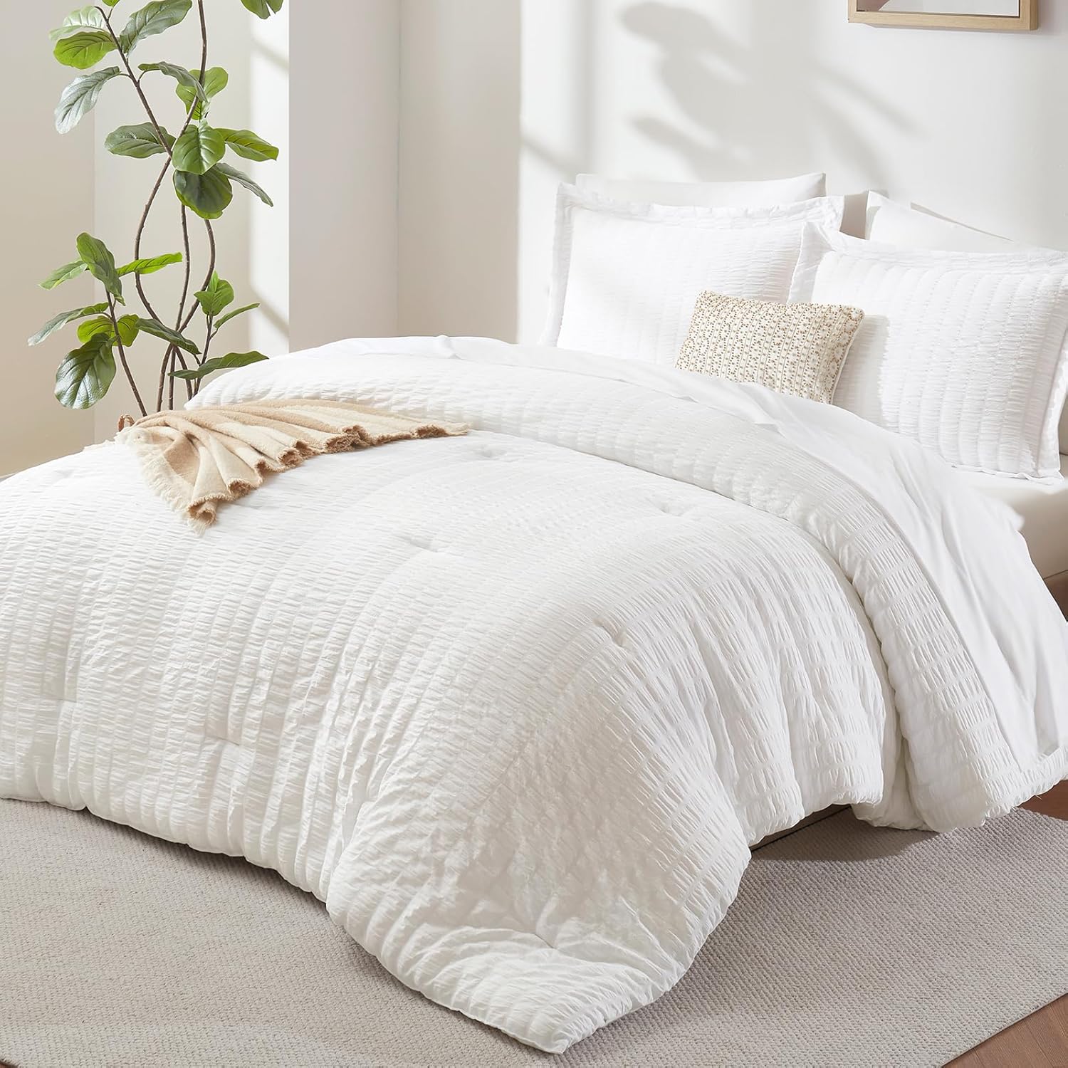 King Size Comforter Set, 7 Pieces White Seersucker Bed in a Bag, 27% off at Amazon