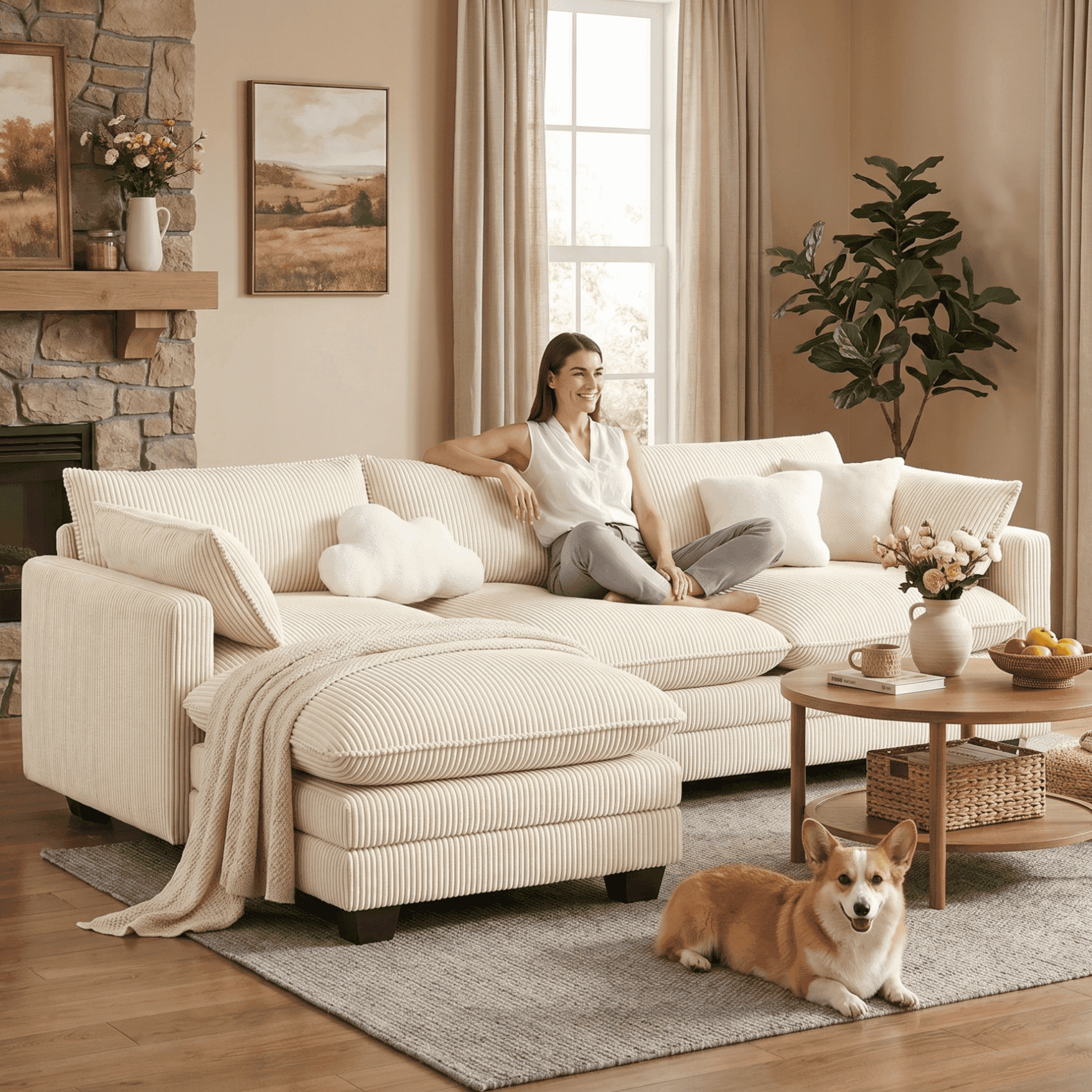 110'' Oversized L Shaped Corduroy Cloud Couches with Ottoman and Washable Cover, 53% off at Walmart