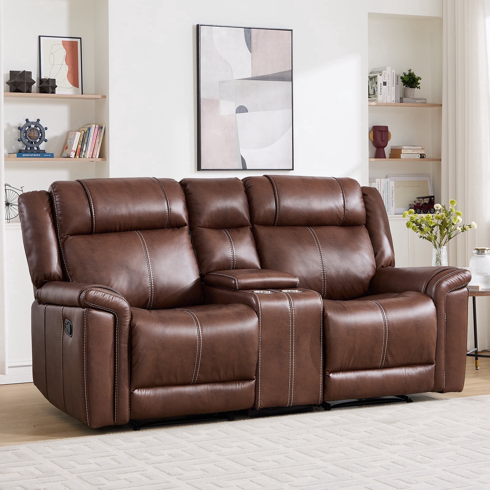 Ebello Faux Leather Manual Reclining Loveseat, Mid-Century Modern 2-Seater Sofa, 42% off at Walmart
