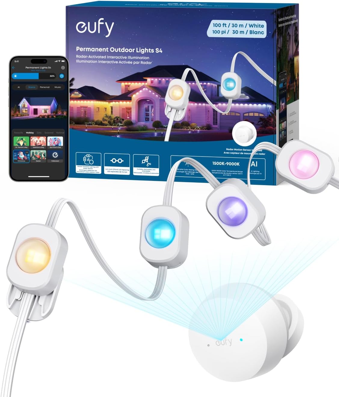 eufy Permanent Outdoor Lights S4, 100ft with 72 RGBWW LED String Lights, 30% off at Amazon
