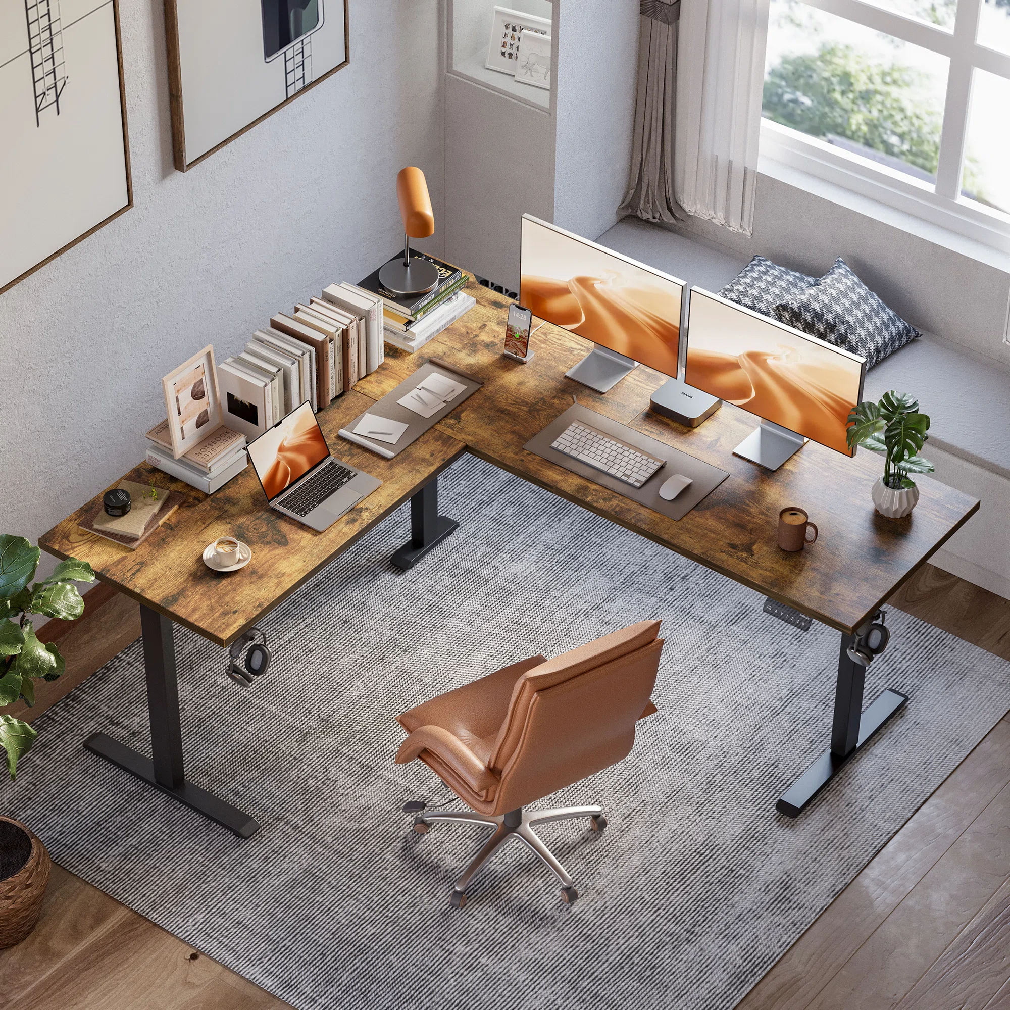 63 L-shaped Electric Height Adjustable Standing Desk with Headphone Hook, 60% off at Wayfair