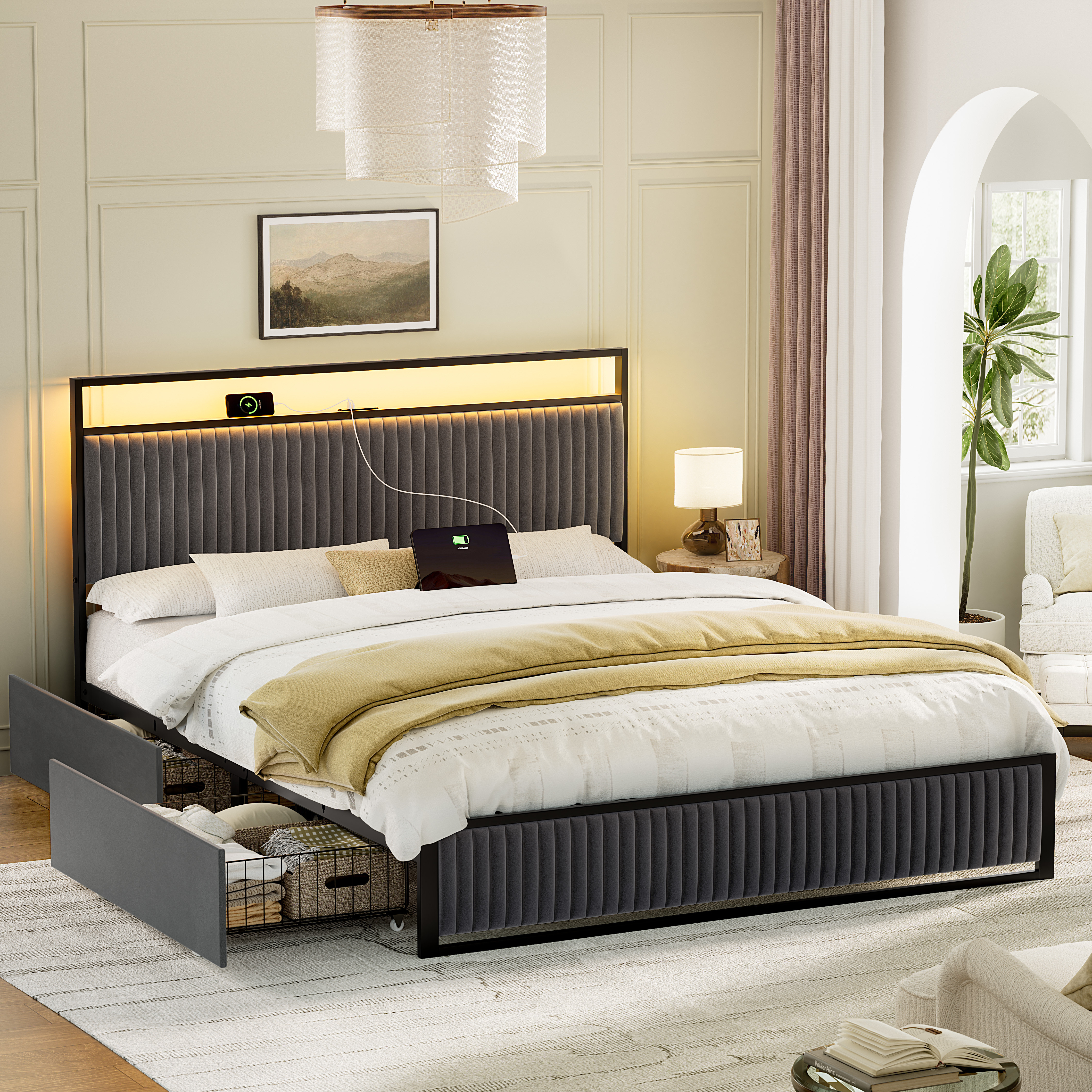 Antioch Upholstered Platform Bed with 2-Drawer Storage and Charging Station, 72% off at Wayfair