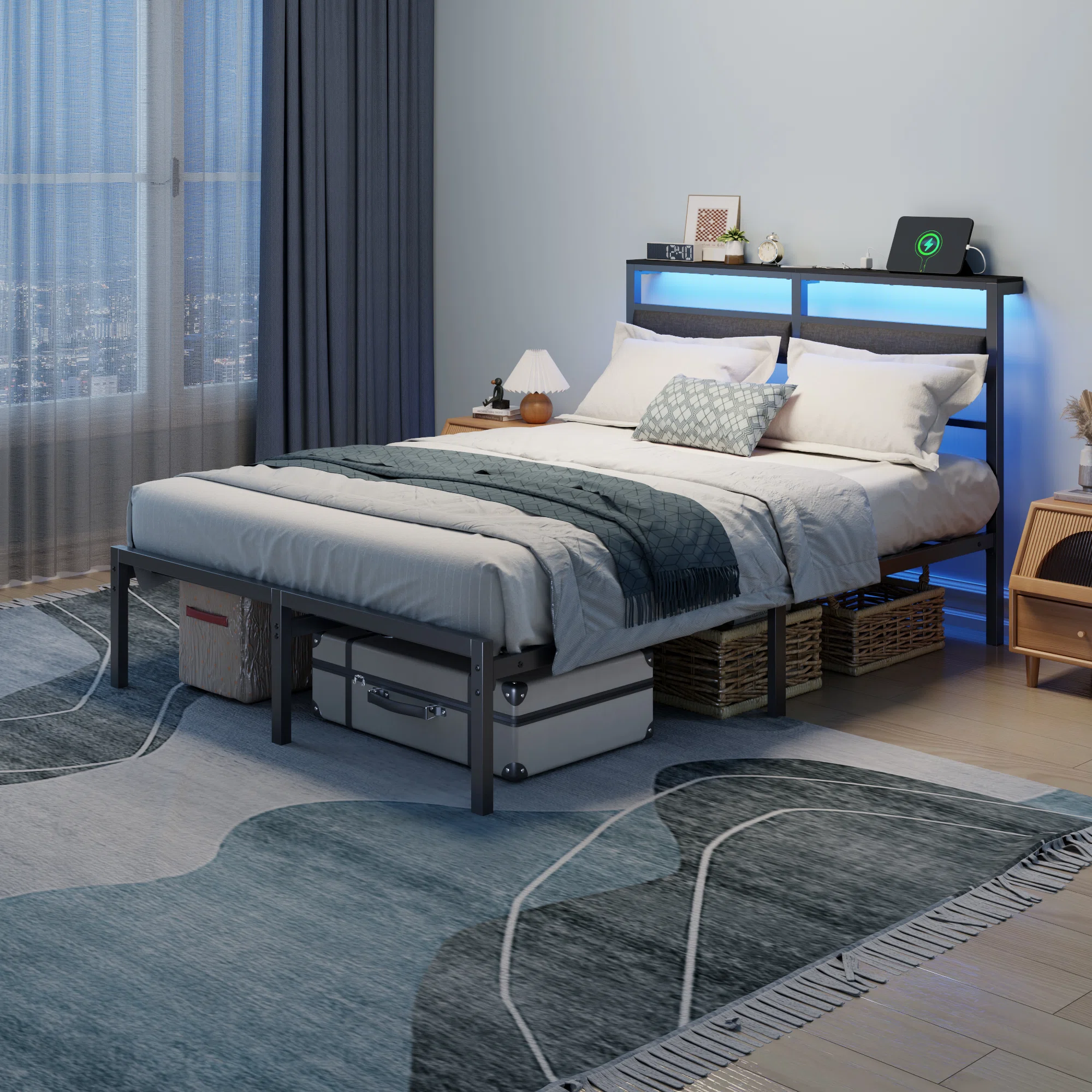 Full Bed Frame with LED Light and Charging Station, Metal Frame, 82% off at Wayfair