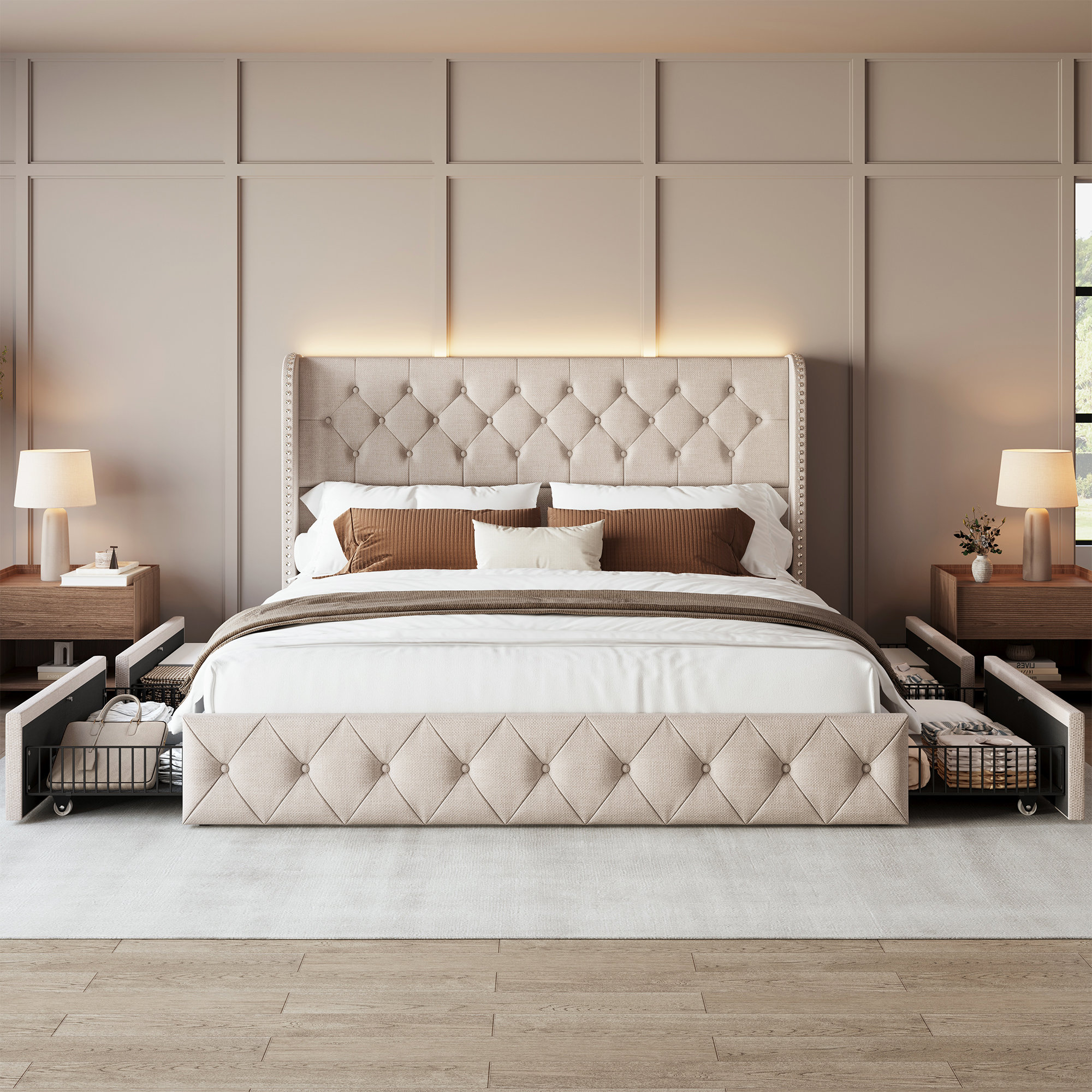 Bed Frame With Storage Drawers And Tufted Headboard Velvet Upholstered Platform, 74% off at Wayfair